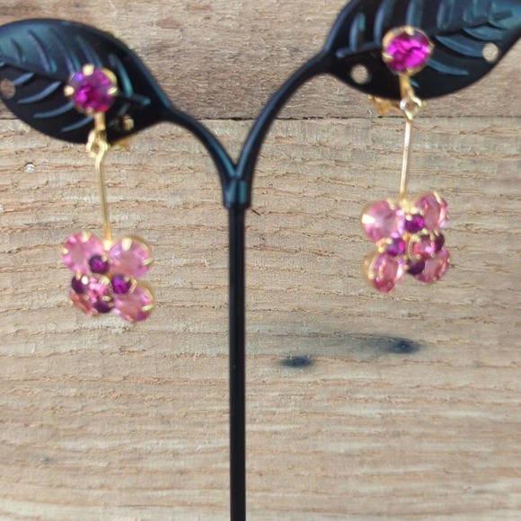 Pink Rhinestone Drop Clip-on Dangle Earrings - Picture 2 of 8